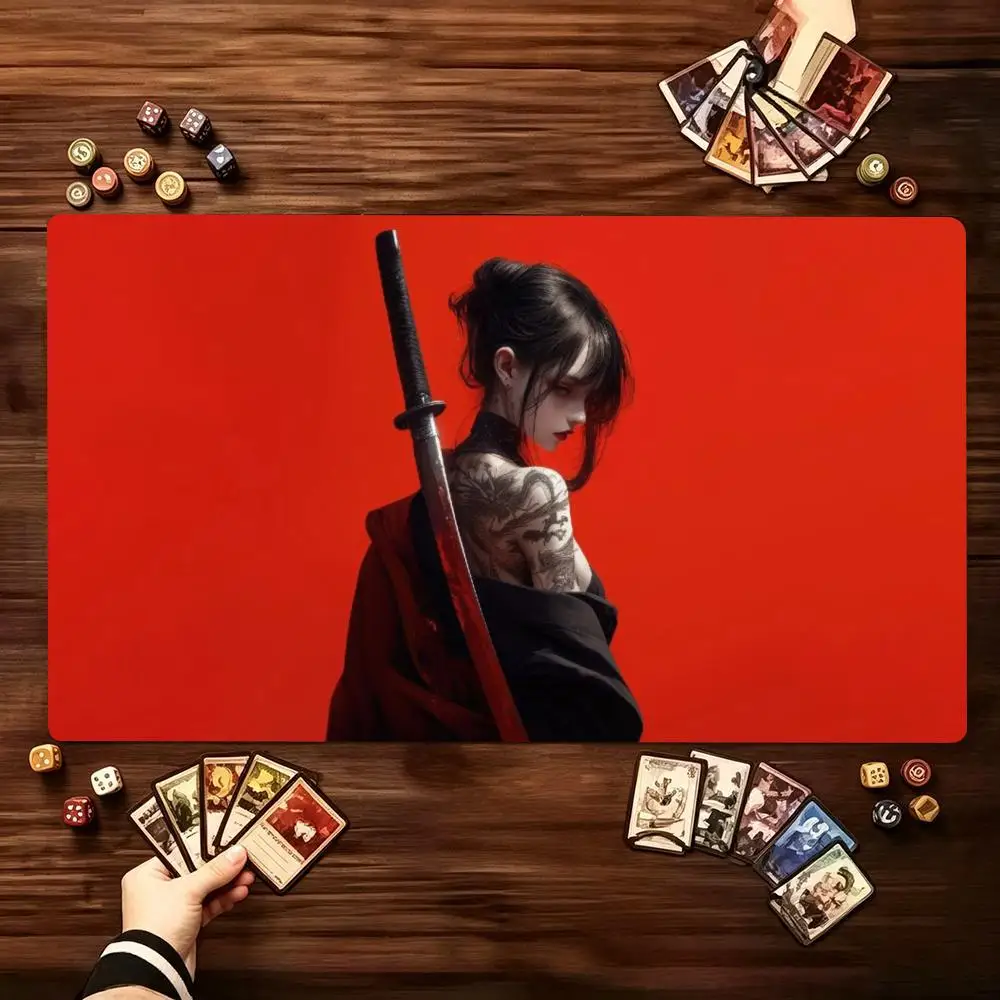 TCG Tabletop Playmat Anime Samurai Lady Katana Art Print Large Non Slip Rubber Pad Smooth Cloth For Trading Card Table Battles