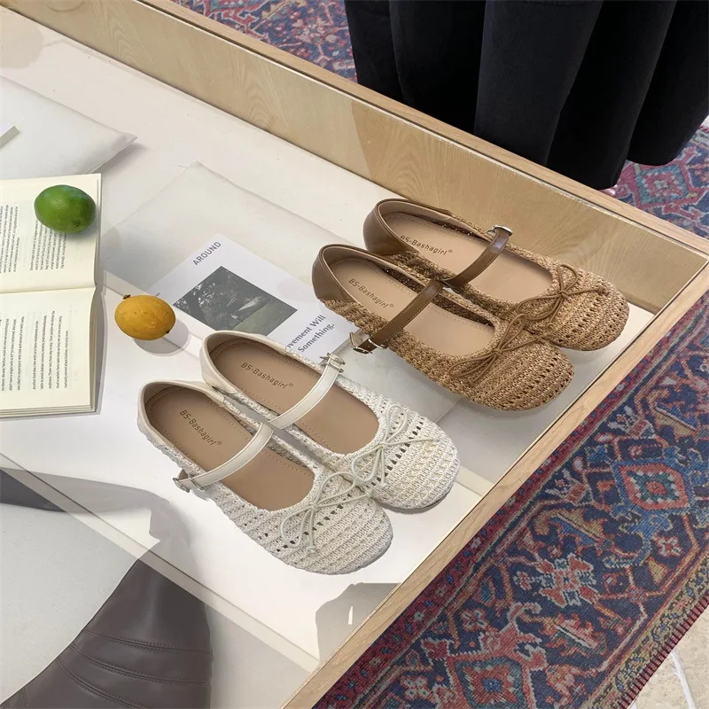 ニットフラット女性の靴オールマッチローヒールラウンドトゥバレリーナ女性-2025-ドレス快適な通気性バレエレトロゴム