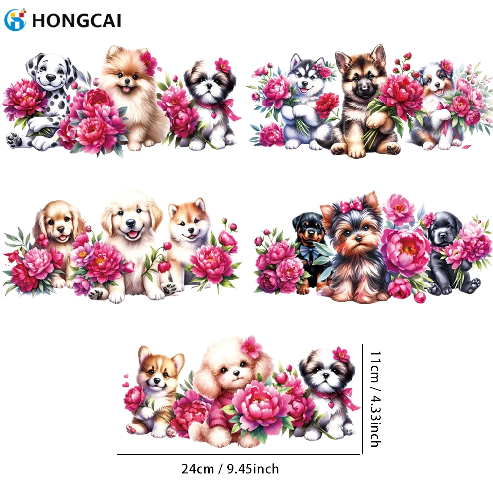 5-Piece Dog Holding Flowers UV DTF Mug Decals High-Quality Animal Design Suitable for 16oz Glass Mugs and DIY Projects