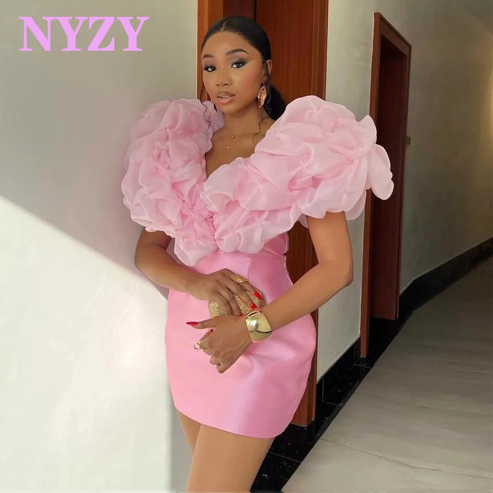 

NYZY C389 Customized Satin Organza Pleats Pink Mini Dresses for Cocktail Party Prom Birthday Homecoming 2025