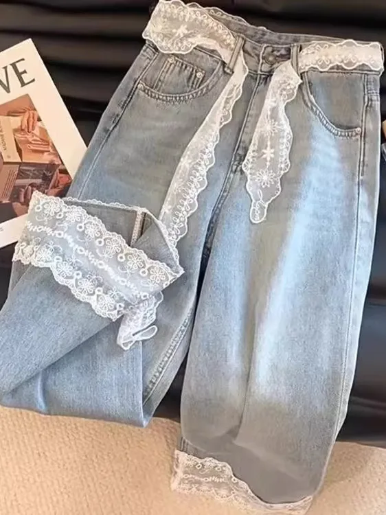 

Summer New plus Size 300 Pou Lace Splicing Straight Leg Denim Pants Men Women Loose Wide Leg Trousers High Waist Jeans