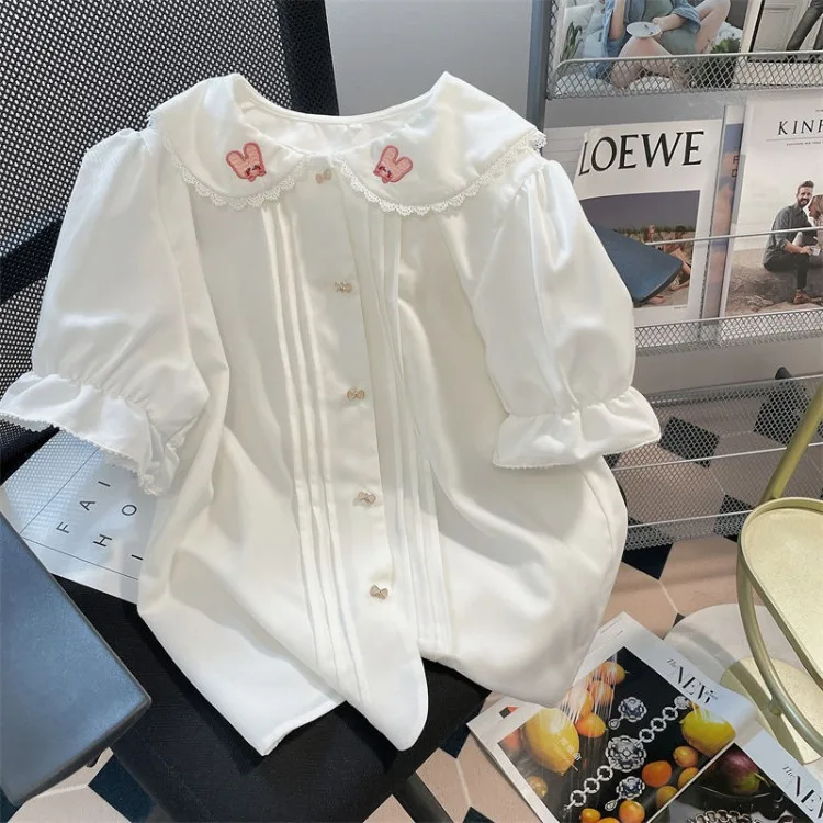 Oversize Cute Rabbit Peter Pan Collar Blouses 2025 Summer New  Single Breasted  Y2k E-Girl Puff Sleeve Shirts Women