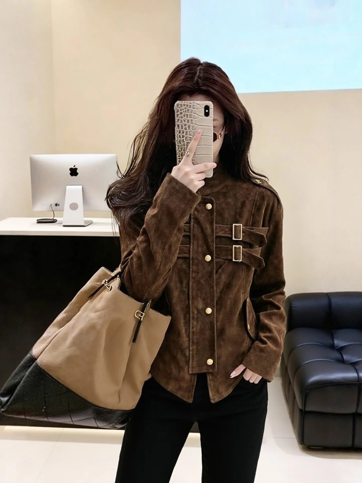 

Ele Stand Collar Coffee Color Jaet for Women Unique Sli ort Outerwear Commute Sle Stand Fit Ladies Coat