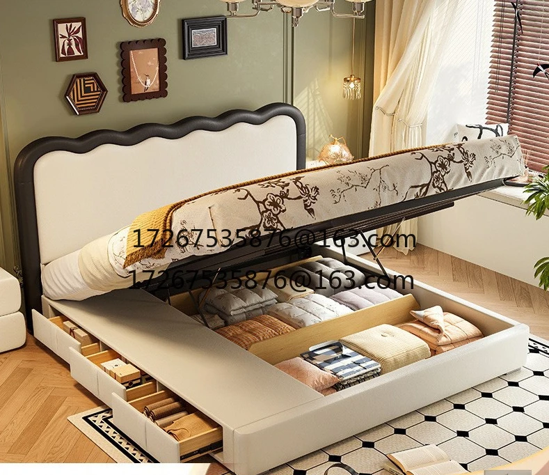 

Кровать с волнистыми волнами в стиле ретро, кожаная кровать с кошачьим когтем, главная спальня, двойной высокий ящик для хранения, три ящика, технология, кожаная художественная кровать