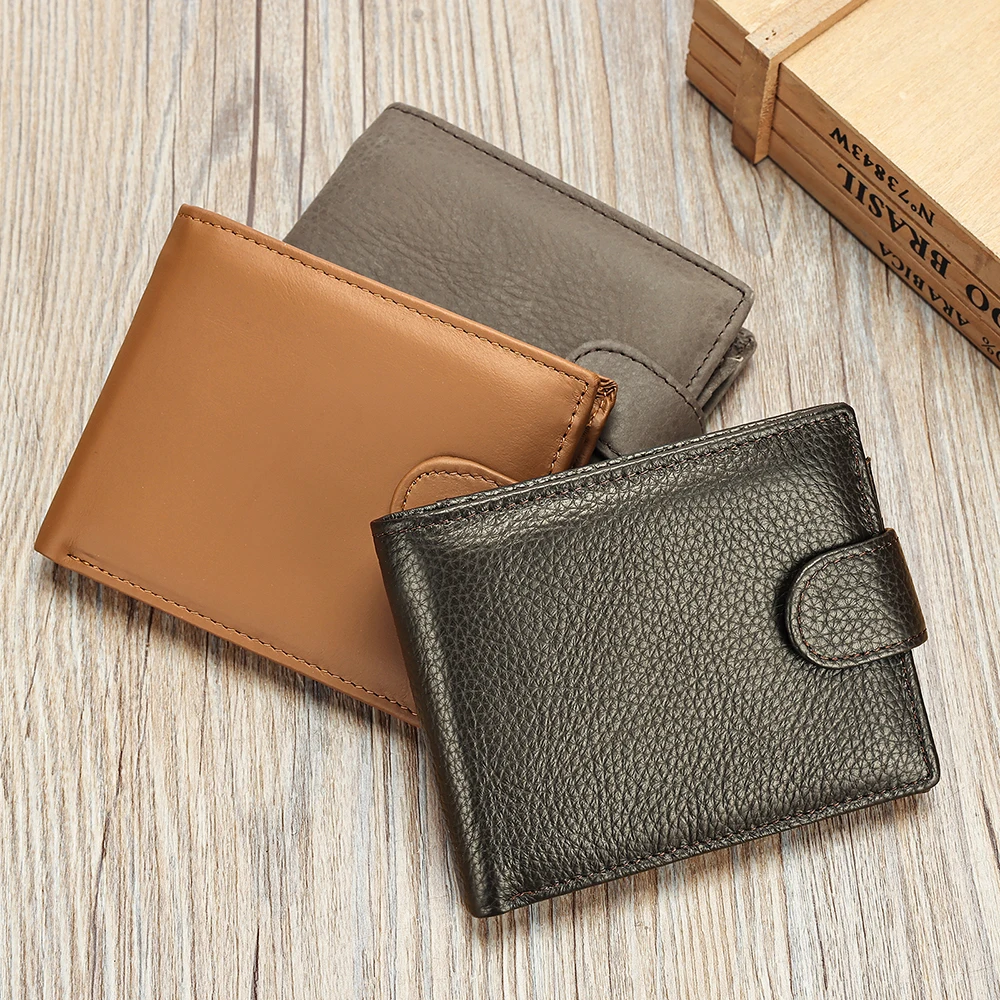 Carteiras dobráveis de couro para homens, porta-cartões de identificação de negócios, papel de notas, dinheiro, foto, bolsa de moedas, pressão curta, carteira cinza