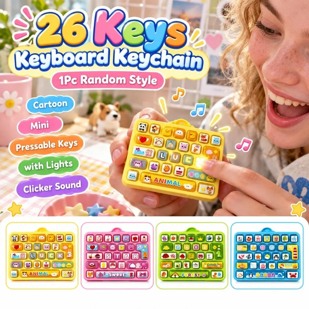 Cartoon 26 Keys Keyboard Keychain Animals Pressable Keys Fingertip Button Keyring Clicker Sound with Lights