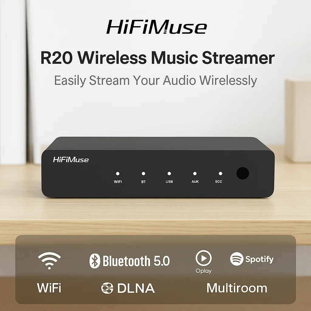 

HiFiMuse R20 WiFi Bluetooth 5.0 Receiver AirPlay DLNA Spotify Tidal Multiroom Audio Streaming Adapter for Home Speakers