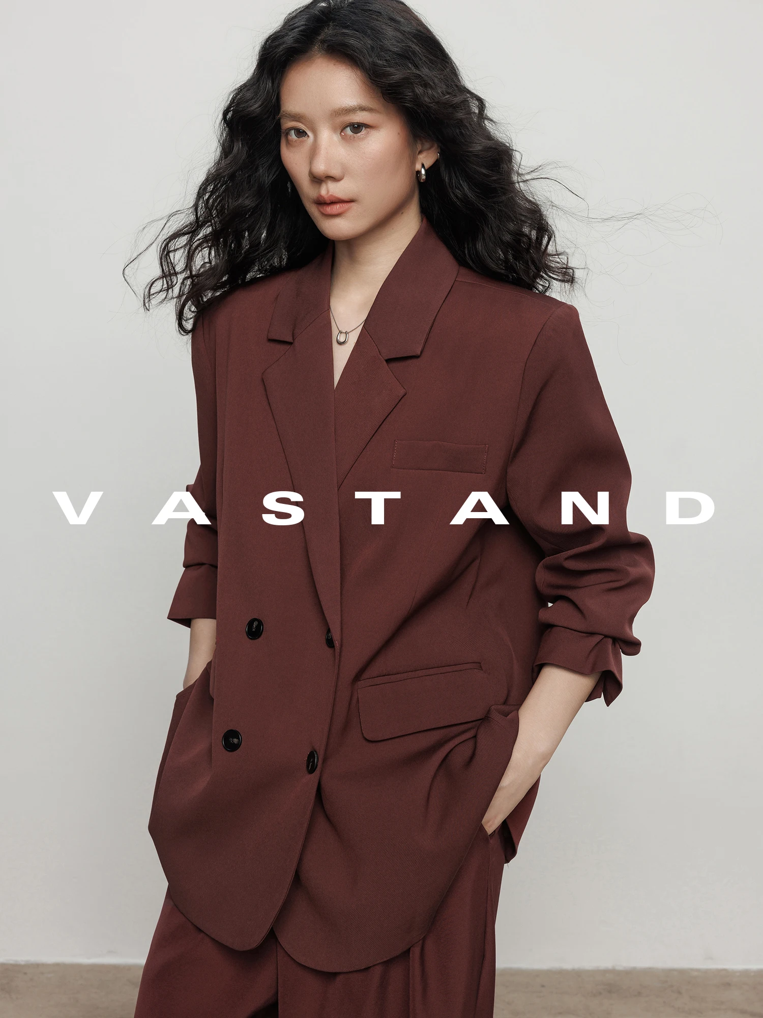 Vastand Autumn Vintage Hong Kong Style Loose Commuter Jacket Wine Red Tailored Suit Outerwear Women's Fashion Polyester