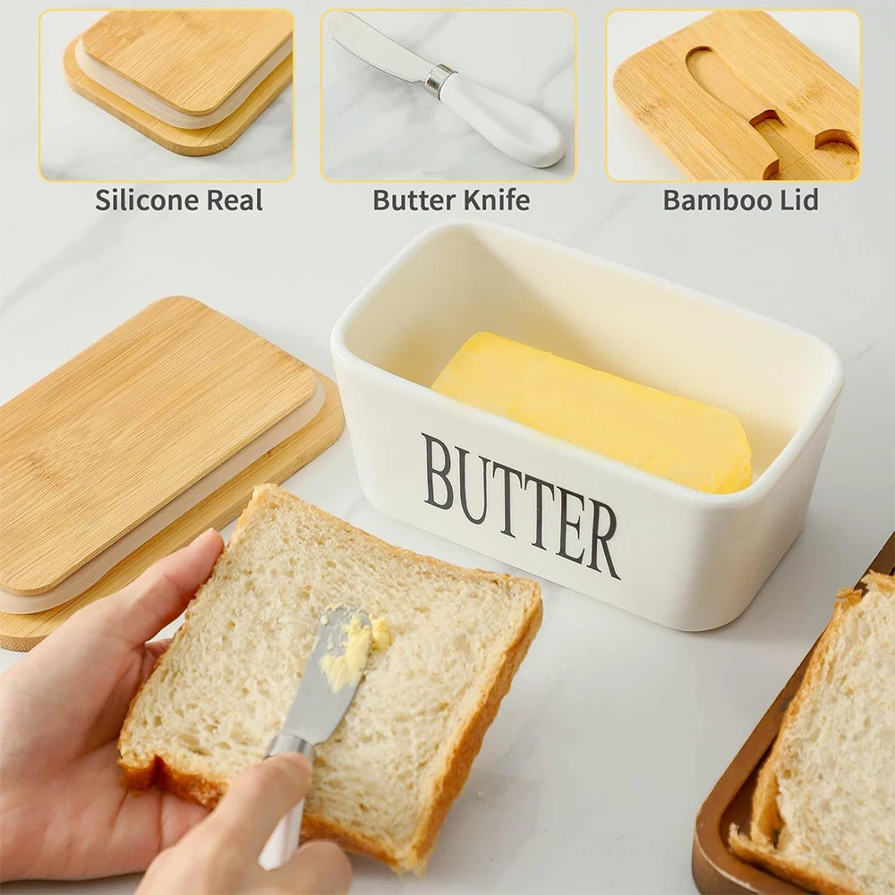 LMETJMA Butter Dish with Lid Ceramic Butter Keeper Container with Butter Knife Kitchen Butter Tray Butter Keeper with Cover