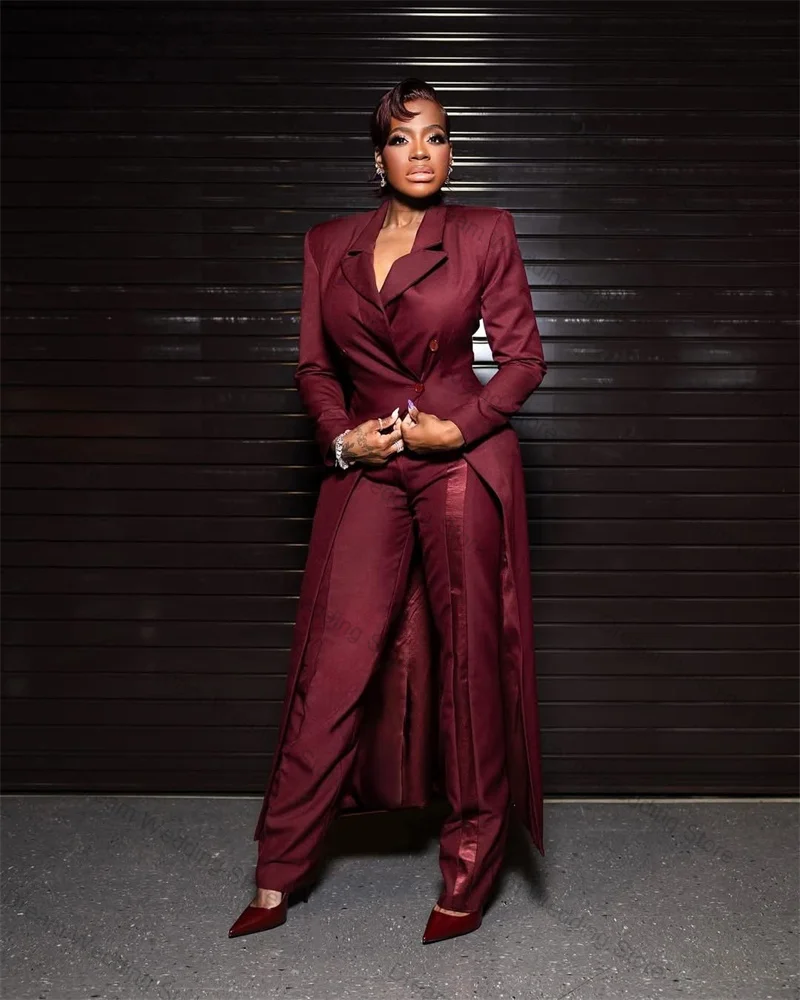 

Burgundy Women Suit Set 2 Pcs Long Blazer Pants Trousers With Stripe Formal Office Lady Jacket Customized Wedding Cotton Coat