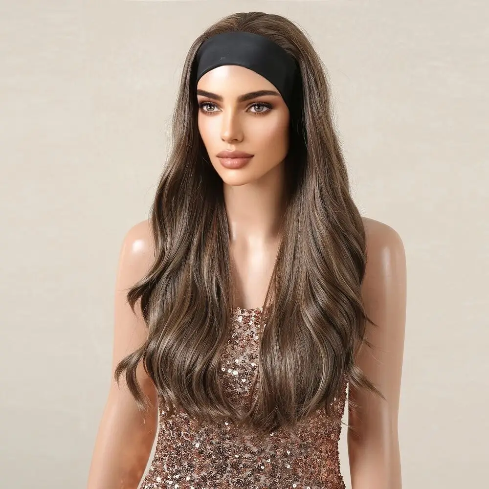 Long Chestnut Brown Wavy Headband Wigs for Women Heat Resistant Synthetic