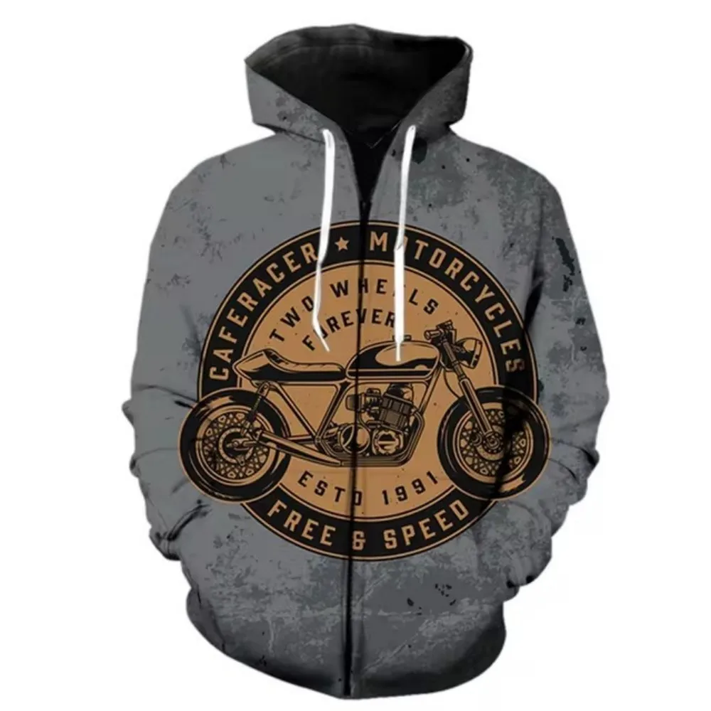 

2024 New motorcycle zipper vintage pattern hoodie men fall zipper hoodie men's sweatshirt 3d jumper Hip hop men's clothing