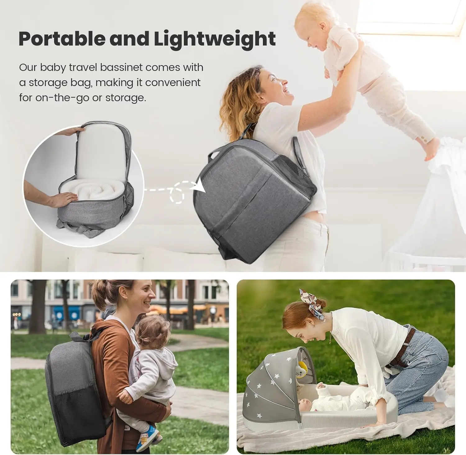 Culla da viaggio pieghevole per neonati e neonati - Dormiente portatile leggero con zanzariera, grigio