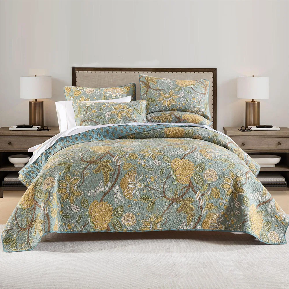 Country Style Reversible 100% Cotton Quilt Set, 3PCS All-Season Bedding Set, Double-Sided Print Comforter with Pillowcase