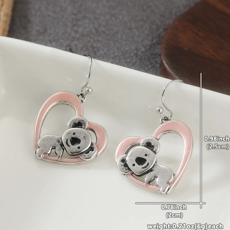 Lovely Handmade Koala Hollow Heart Pendant Earrings for Women Fashion Chic Two Tones Design Banquet Festival Jewelry Accessories view 5