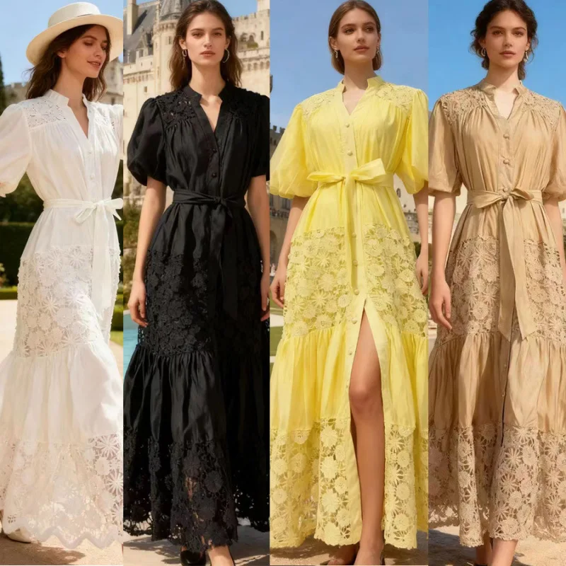 Ele cor pura longo dr com renda oco flor cintura cinching cinto bolha sve texturizado sensação tribunal sle dr