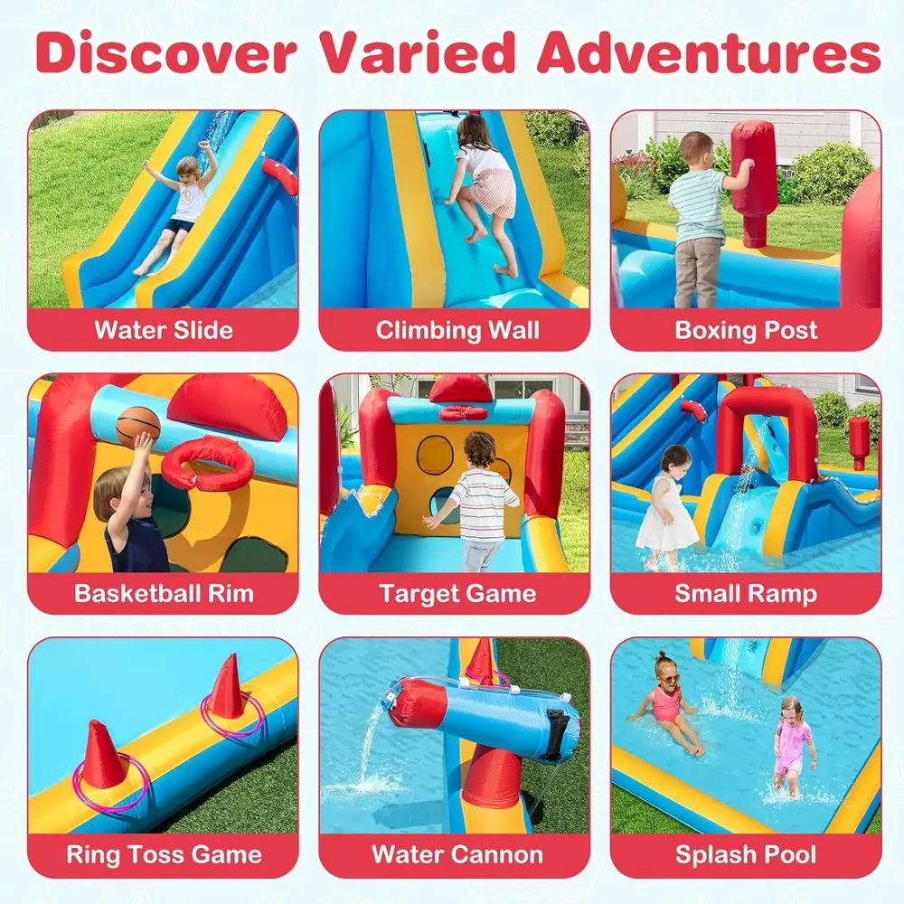 Iatable Water Slide, Giant Water Park Long Slide/Climbing Wall/Boxing/Target Game/Ring Toss/Water Cannon, Splash Pool,