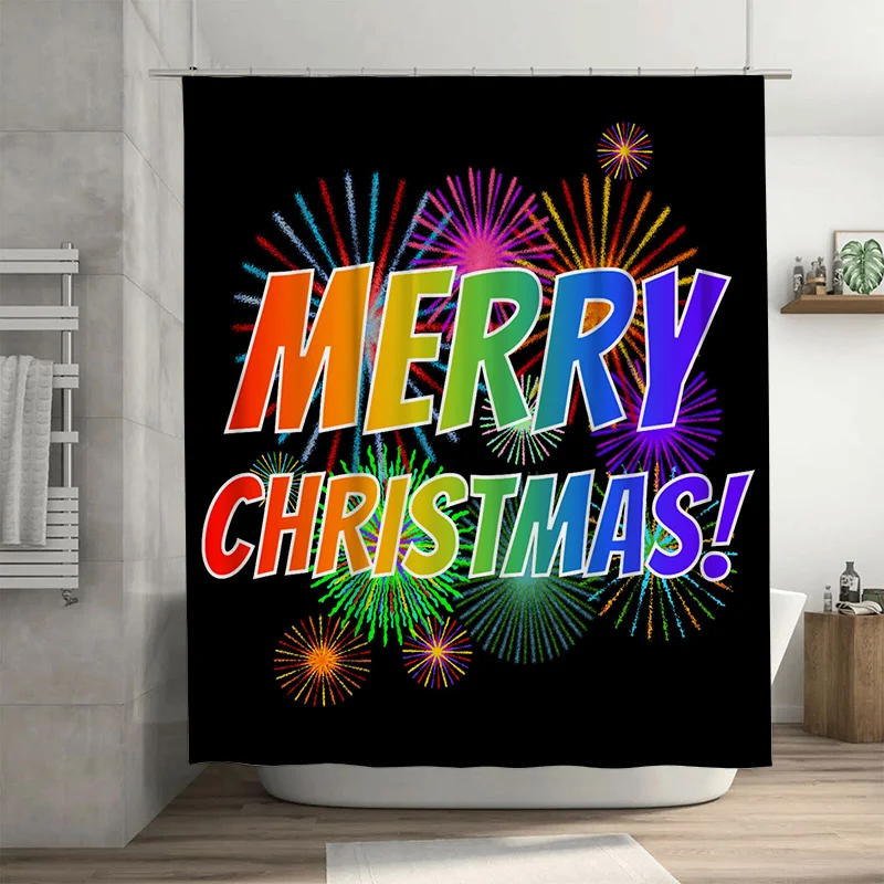 

Merry Christmas Shower Curtain with Firework Burst, Multicolor Gradient Text on Black for a Vibrant Holiday Bathroom