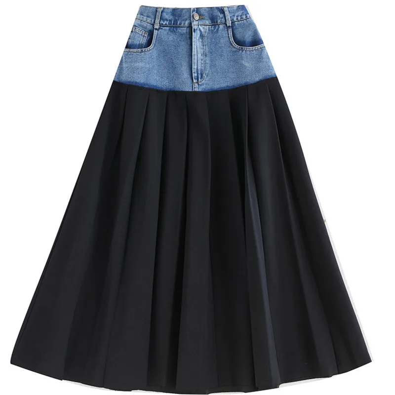 #3044 High Waisted Split Joint Denim Pleated Skirt Women Loose Korean Style Long A-line Skirt Ladies Side Pockets Streetwear