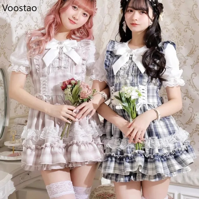 

Japanese Gothic Y2k Lolita Bow Dress Shorts Set Women Vintage Sweet Bandage Lace Ruffles Button Party Dresses Plaid Mini Dress