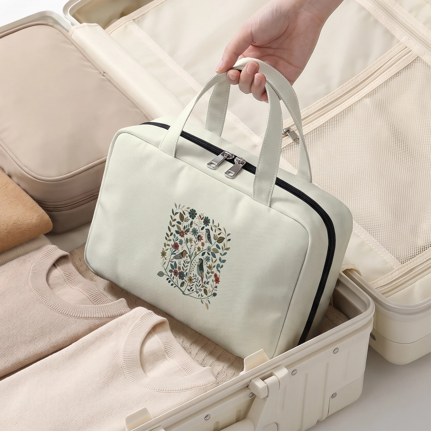 Bird Floral Print Hanging Cosmetic Bag Foldable Multi Pocket Toiletry Bag For Travel Daily Use