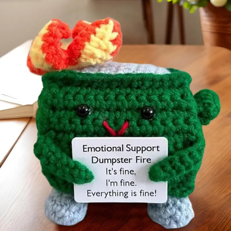 Cute Emotional Support Crochet Dumpster Fire Handmade Knitting Dumpster Fire Doll with Positive Words Christmas Gifts Desk Decor