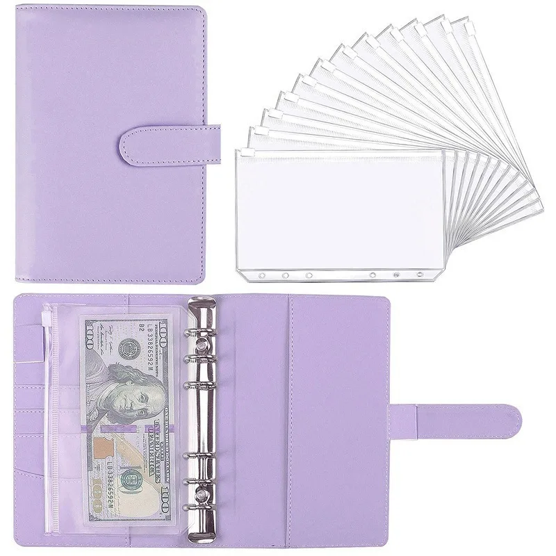 

A6 PU Leather Budget Binder With 12 PVC Zipper Pockets, Magnetic Closure Cash Organizer,Cash Envelope Savings Book