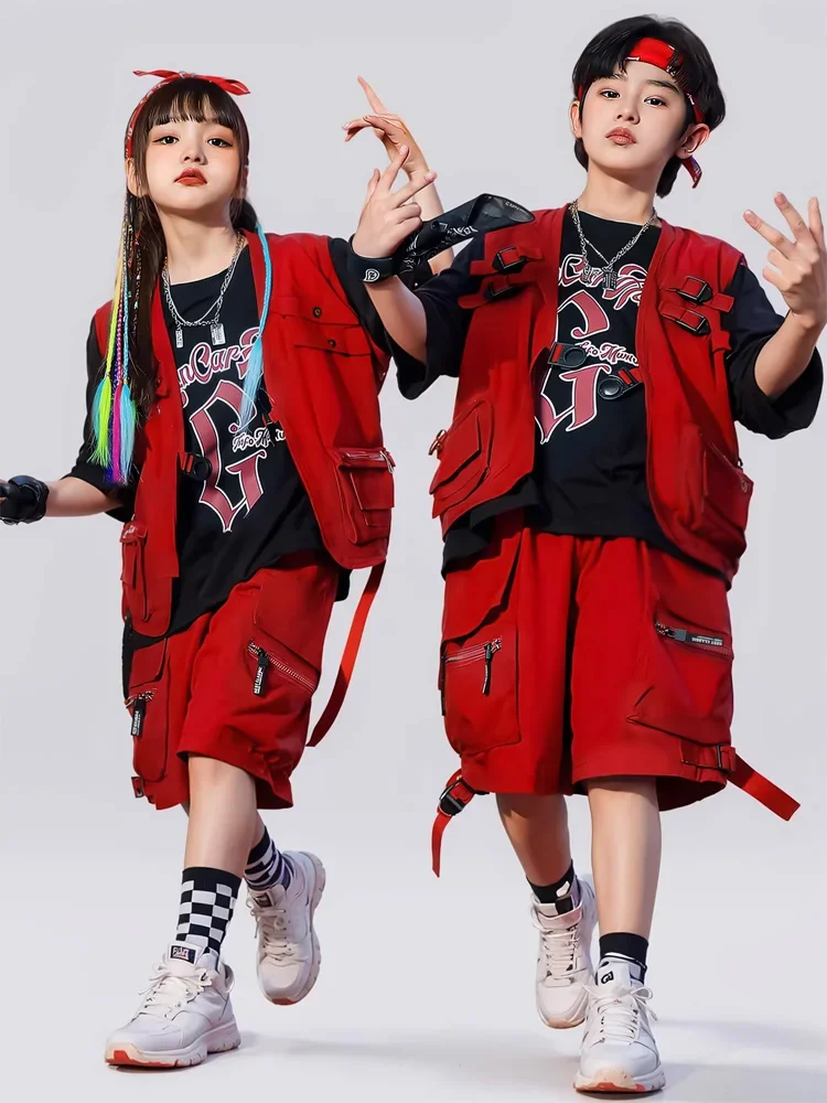 Boys Hip Hop Clothes Girls Red Vest T-shirt Street Dance Cargo Shorts Child Red Streetwear Clothes Sets Kids Jazz Costume