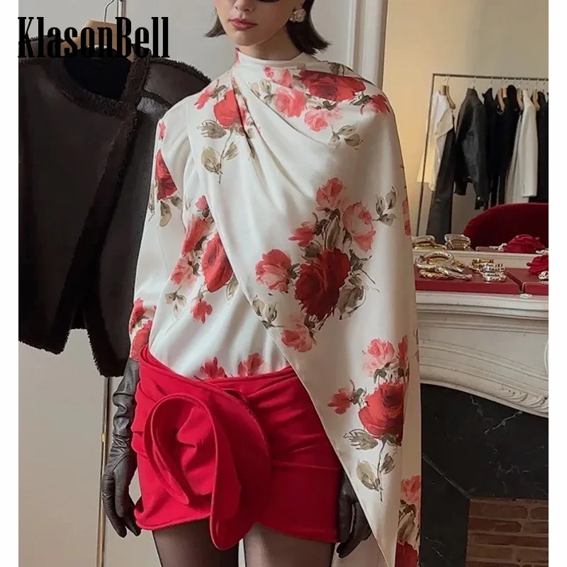 

10.21 KlasonBell Women's Fashion Elegant Ribbon Decoration Rose Flower Print Shirt For Women Back Zipper Long Sleeve Blouse