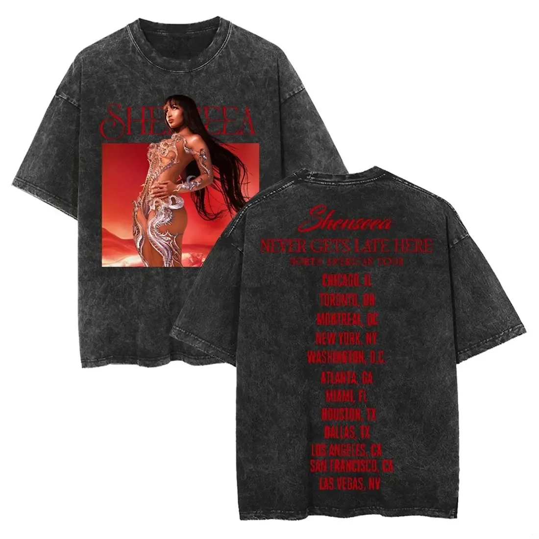 

Shenseea Never Gets Late Here Tour Merch T-Shirt Men/Women Cartoon Crewneck Short Sleeve Casual Streetwear Tee Top