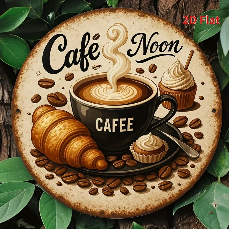 [مسطح 21D] قطعة واحدة من لافتة قصدير الألومنيوم مقاس 8 × 8 بوصة للمقهى - لوحة فنية جدارية مستديرة من الألومنيوم بتصميم كرواسون، متينة