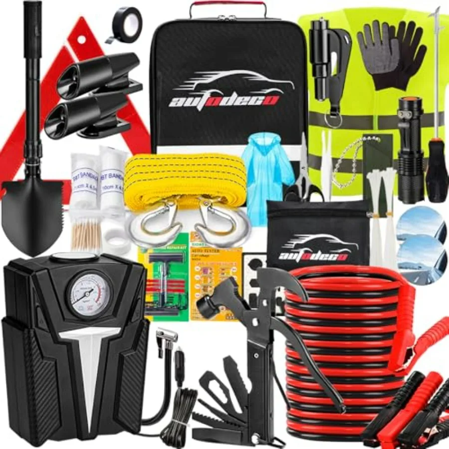 Roadside Car Emergency Kit - 136Pcs Premium Heavy Duty Car Safety Kit with Durable Materials in Red for Quick Reliable Emergenc