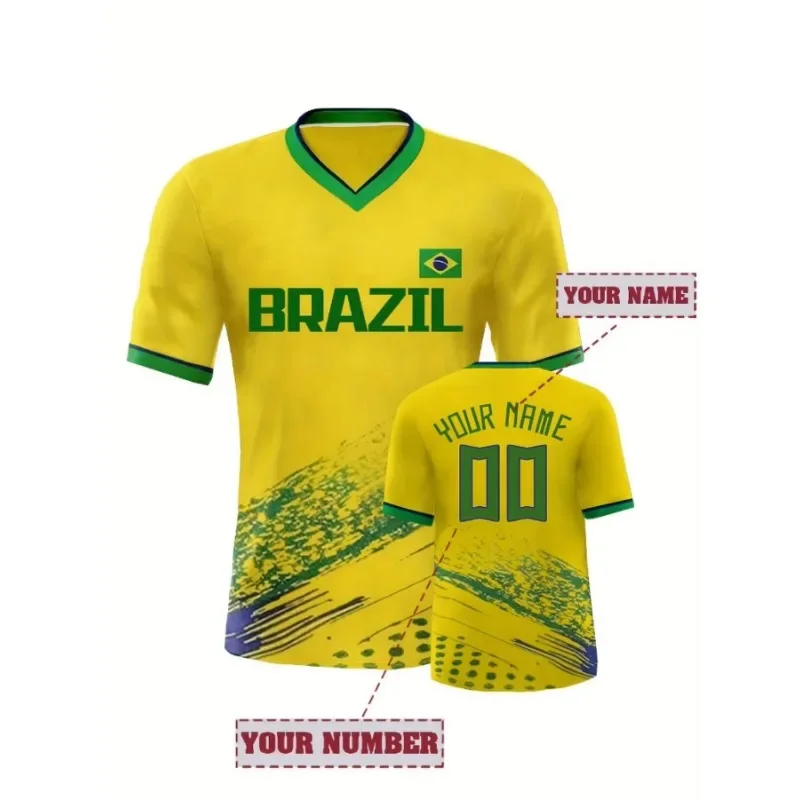 Personalized Name&Number Men\'s Soccer Jersey Embroidered Sportswear Breathable Short Sleeve Football Shirt Brazil T-Shirts