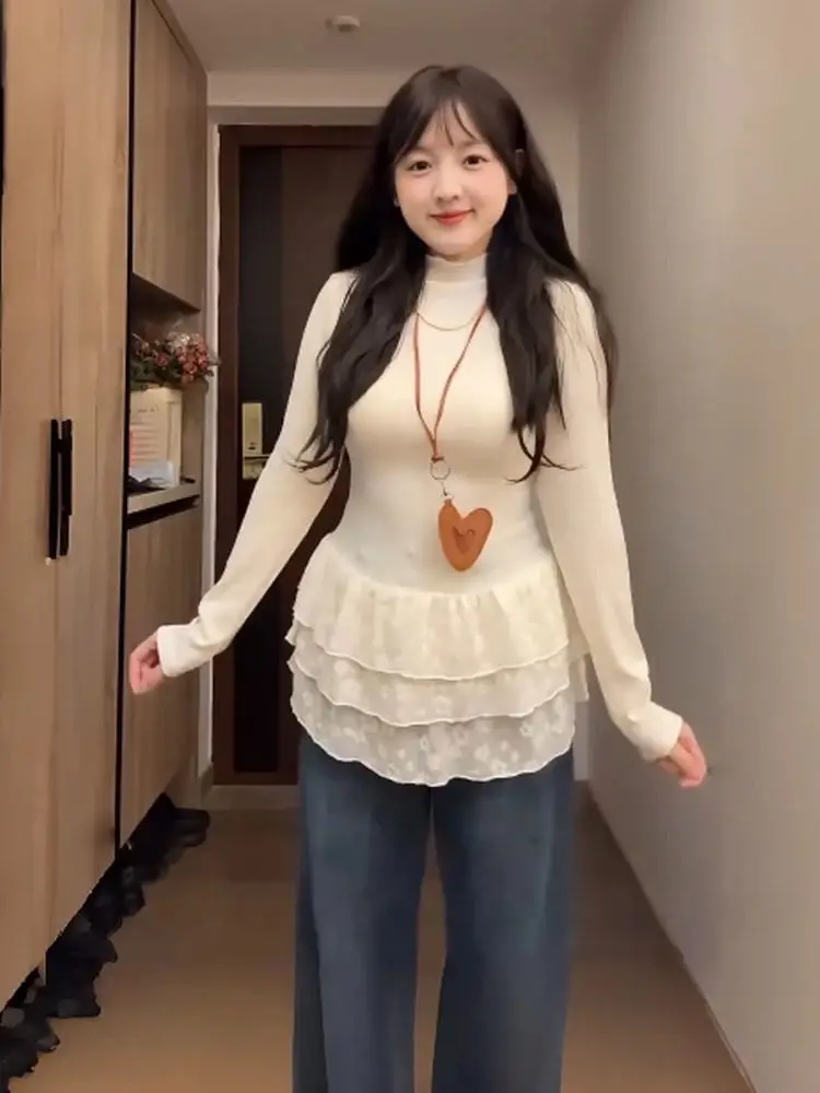 plus Size Women's Fce Lined Slim Fit Long Sve T-irt Lace Splice Waist Cinching Base Layer Top Trendy Autumn Wear