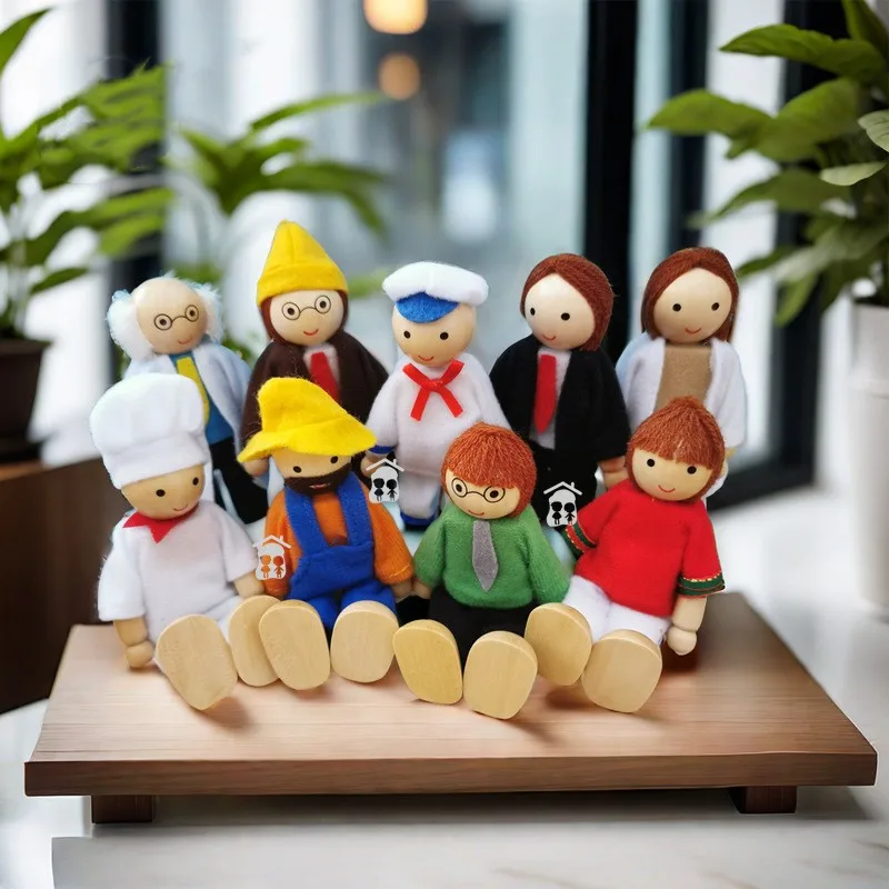 New Family Dolls Set Profession Wooden Doll Miniature Toy Mini Firefighter Cook Teacher Wood Doll Kids Children House Play Toys