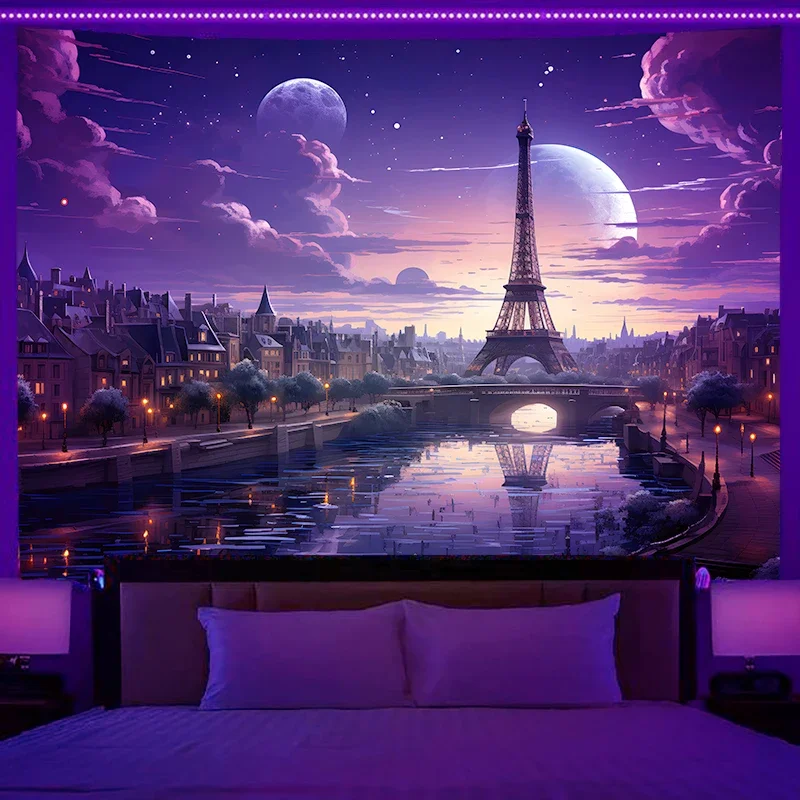 VIKAMA Dream Paris Wandteppich Eiffelturm Doppel Mond Stern Fluss Sternenhimmel Schlafzimmer Hintergrund Ins Stil Atmosphäre Dekoration