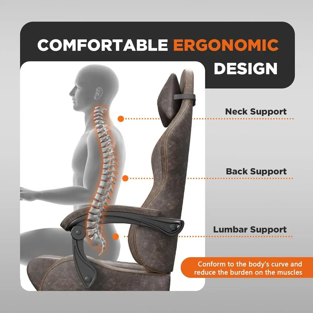Ergonomic Vintage-Style PU Leather Gaming Chair with Massage, High-Back Recliner for Adults, Racing-Inspired Video Game Seat (Br view 6