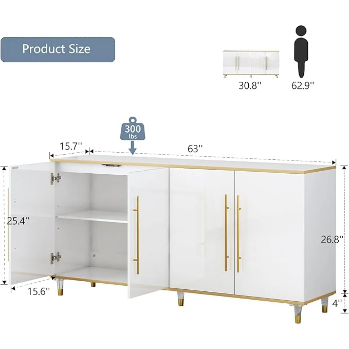 Armoire de planche de bois avec rangement, armoire de buffet haute brillance avec étagères et portes réglables, table console de rangement, blanc et or, 63 po