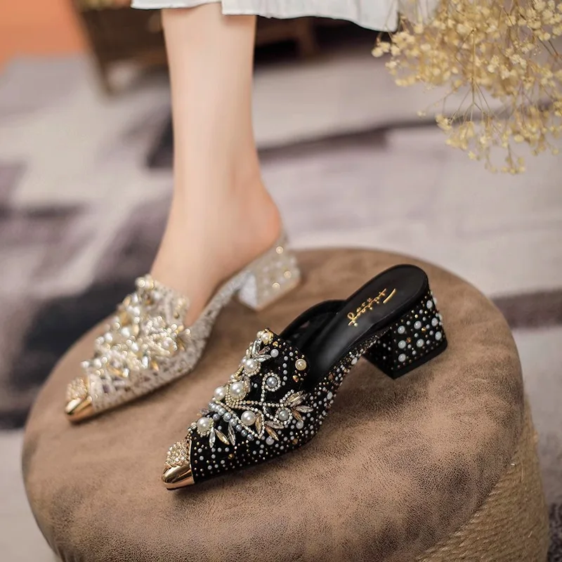 Baotou Slippers Women Wear Mesh Rotund Heel Heavy Industry Handmade Rhinestone High Heel Snow Lotus Half Slippers Women Shoes