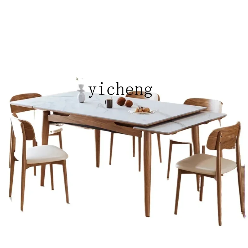 Stretch Retractable Folding Stone Plate Dining Table Solid Wood Pull-out Household Rectangular Lengthened Dining Table