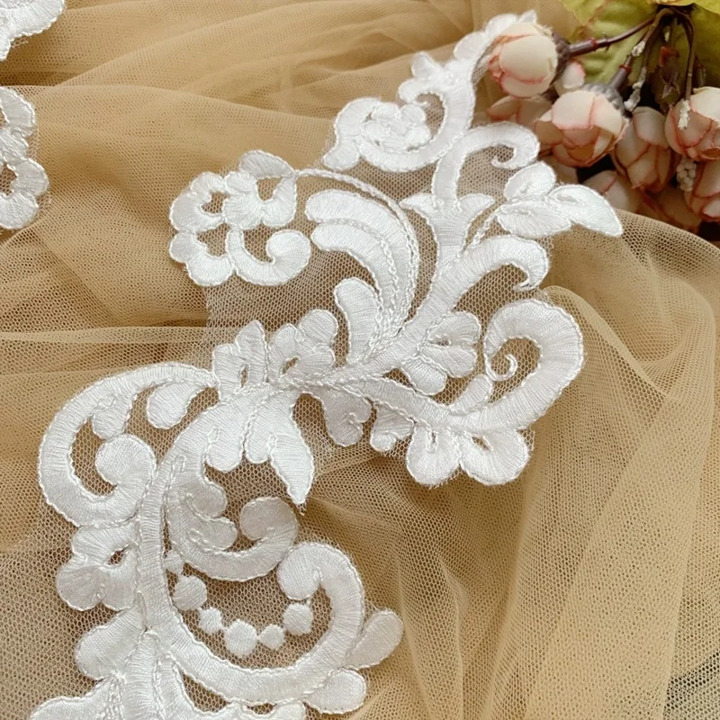 Lace Applique for Sewing, Ivory Flower, Floral, Venice, Venise, Cotton, Trims, DIY Craft, 13x32cm, 1Mirror, 2PCs