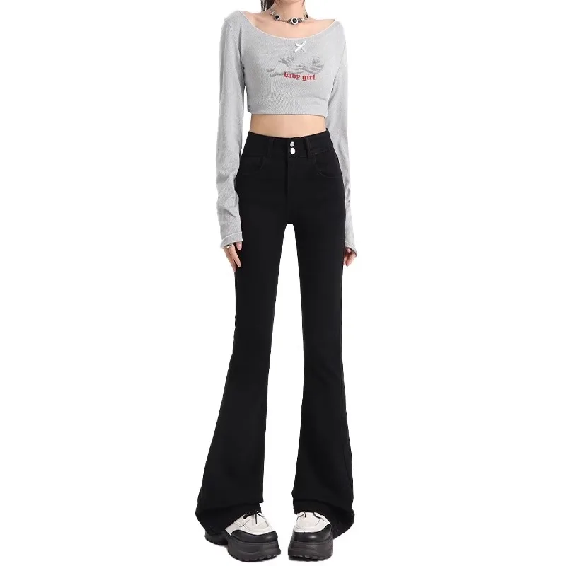 Damskie spodnie jeansowe z wysokim stanem, wyściełane, rozszerzane, jesienno-zimowe, wyszczuplające, długie, bawełniane, elastyczne, typu bootcut.