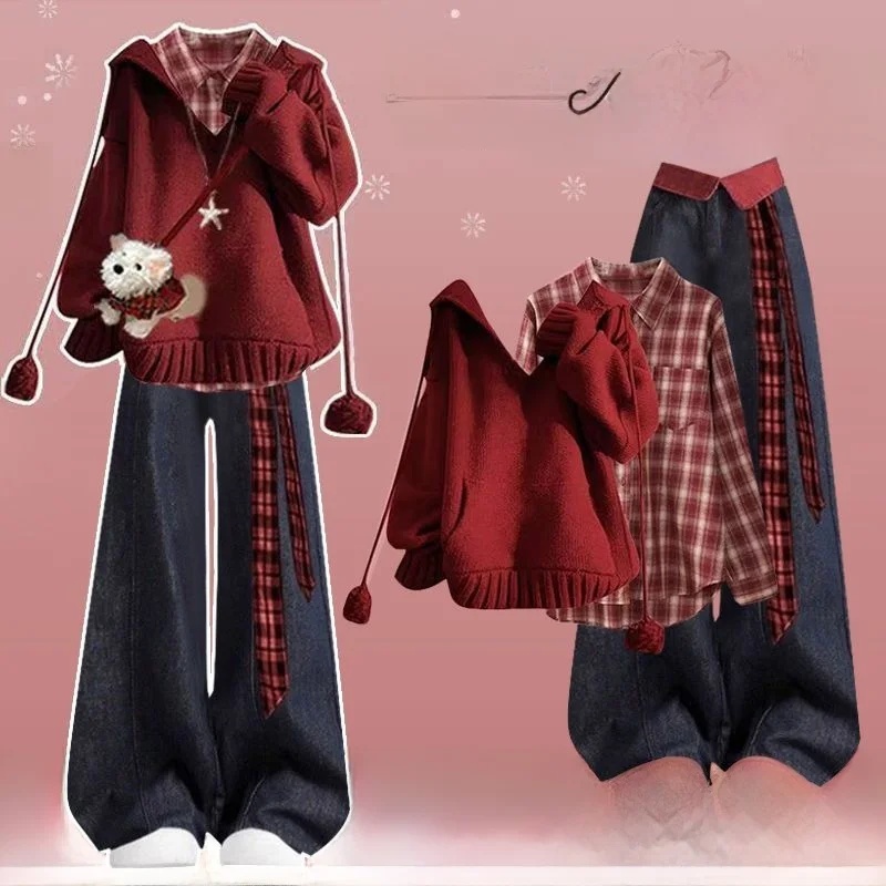 

Красный вязаный свитер с капюшоном в стиле Cisas, женский, осенне-зимний, повседневный, свободного кроя, длинный рукав, из полиэстера