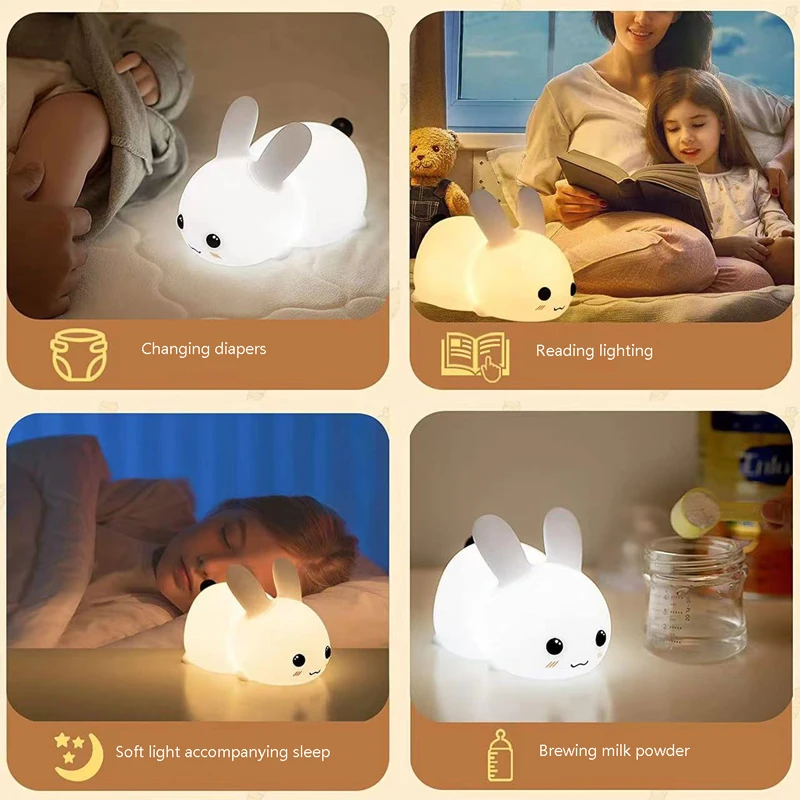 Imagem -05 - Silicone Jade Coelho Led Night Light Carregamento Usb Dual Tone Estúpido Coelho Bonito Patting Sono das Crianças