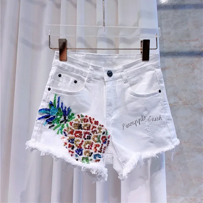 

Summer Hot Shorts Women White High Waist Sequined Pineapple Denim Shorts Jeans Feminino