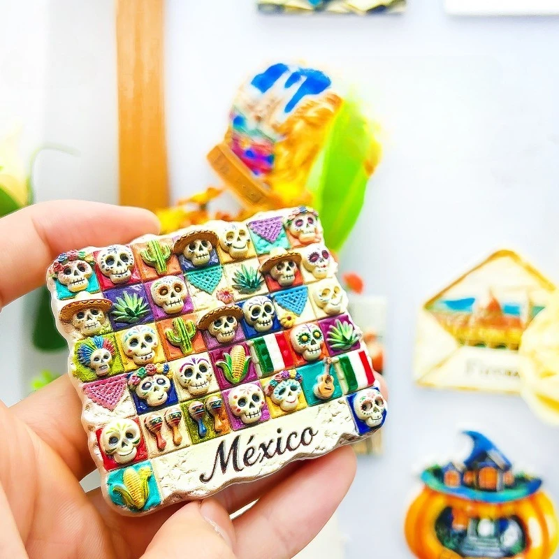Día De Muertos Fridge Magnet - Vibrant 3D Sugar Skull Grid Unique Mexican Festival Souvenir for Travel & Bold Home Decor