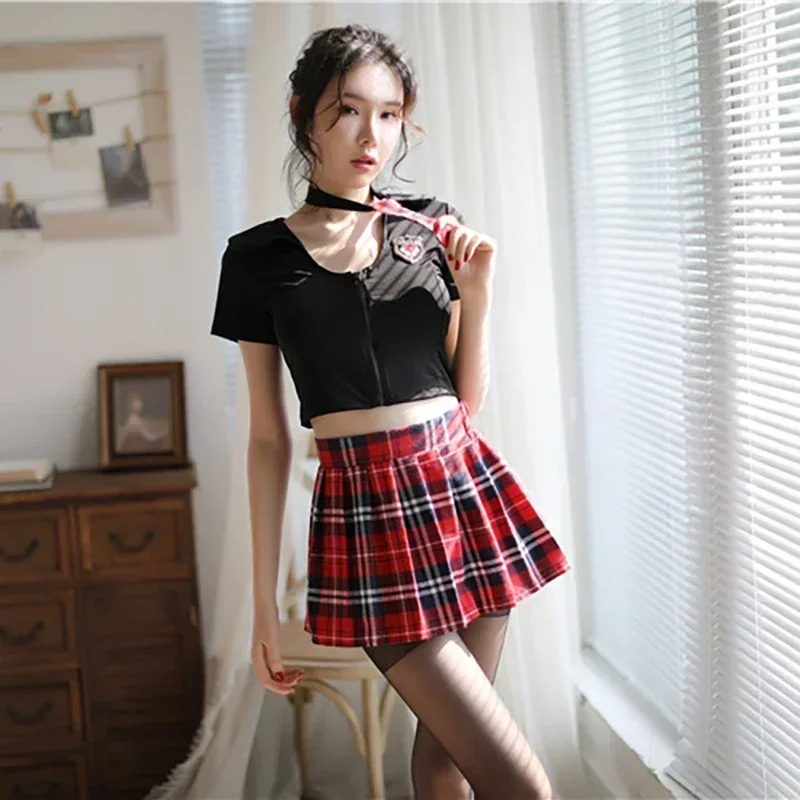 Sexy Lingerie Kawaii JK School Girls Uniform Student Black Shirt Plaid Skirt Suit Exotic Costumes Pajamas Night Club Wear Women