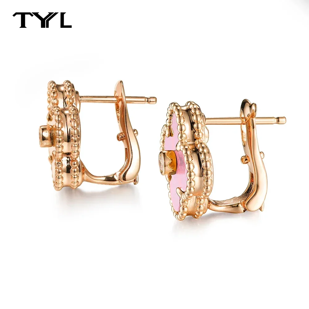 

TYYL Vintage White Fritillary Plum Ear Clip Zircon Earring Rose Gold Color Sweet Retro Four Leaf Clover Stud Earrings For Women