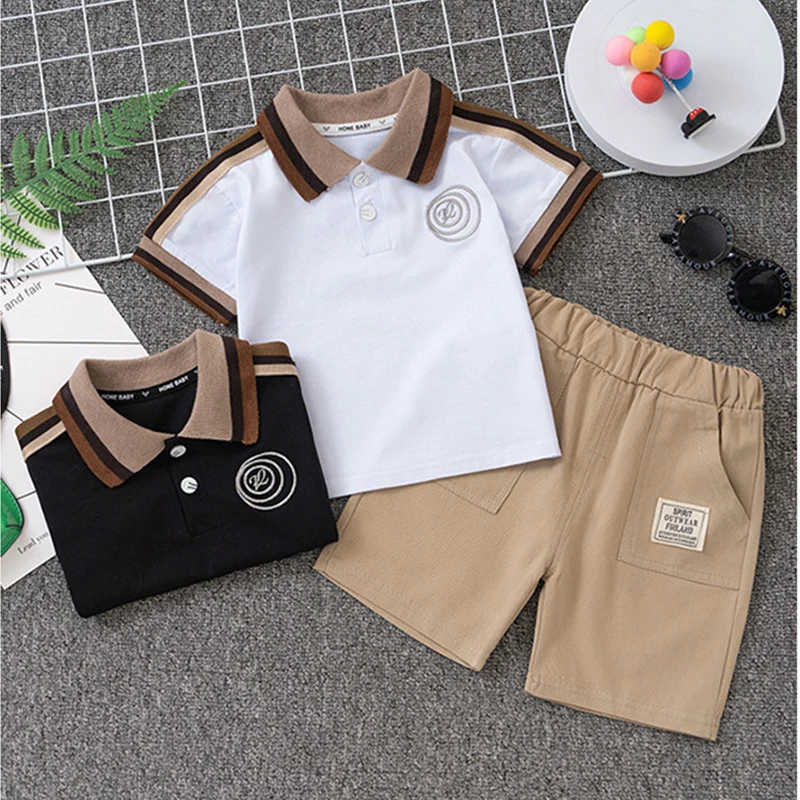 

Boys Baby Set Summer Short Sleeve Two-piece Sets 2023 New Polo Collar Fashion Boys Handsome Top and Pants 2pc Children's Clothes