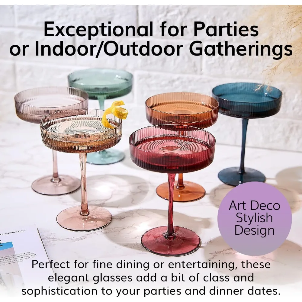 

Colored Vintage Art Deco Coupe Glasses - Martini, Cocktail & Champagne Ribbed Glasses 7oz